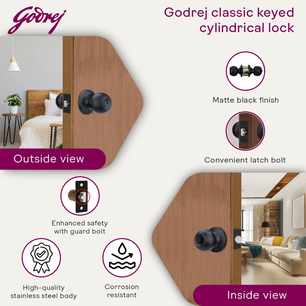Godrej Cylinder Lock | Single Panel Door Lock | Suitable for Bedroom Doors  and Inter-Connected Doors for Commercial Space | Keyped | Matte Black Finish | Door Thickness 32mm to 45mm | 5 Years Warranty